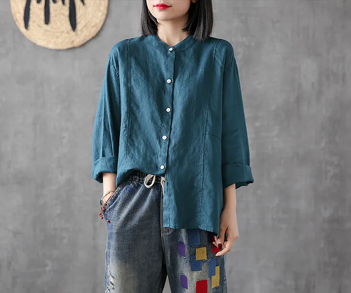 Long Sleeve Summer Women Casual Blouse Linen Shirts Tops DZA2006136