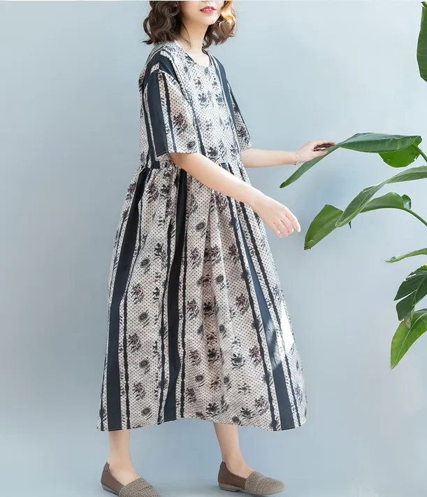 Loose Style Floral Summer Cotton Linen Spring Women Dresses QZ200521