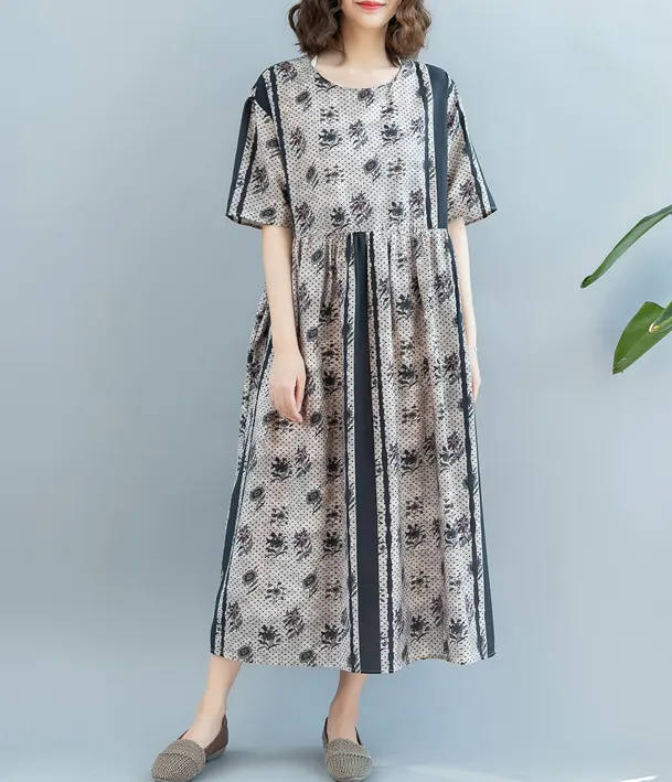 Loose Style Floral Summer Cotton Linen Spring Women Dresses QZ200521