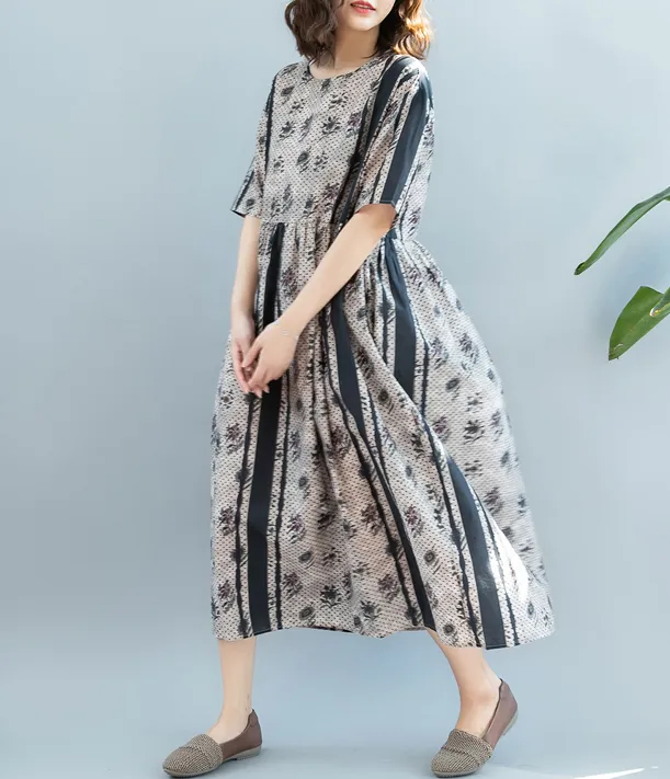 Loose Style Floral Summer Cotton Linen Spring Women Dresses QZ200521