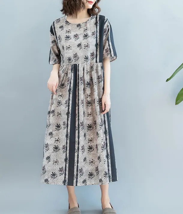 Loose Style Floral Summer Cotton Linen Spring Women Dresses QZ200521