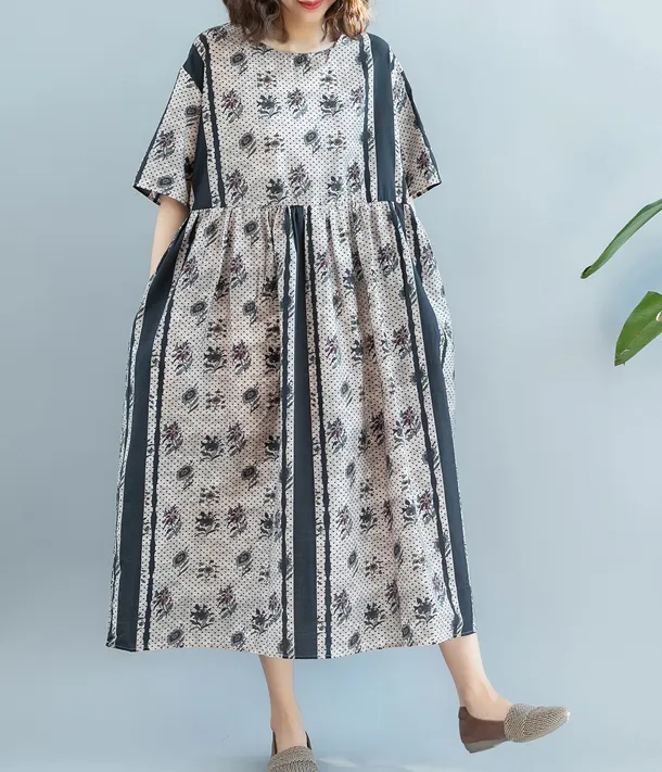 Loose Style Floral Summer Cotton Linen Spring Women Dresses QZ200521