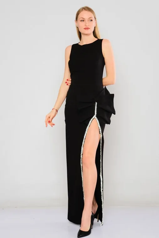 Maxi Sleevless Evening Gown with Beaded Slit and Big Bow Dresses - Black