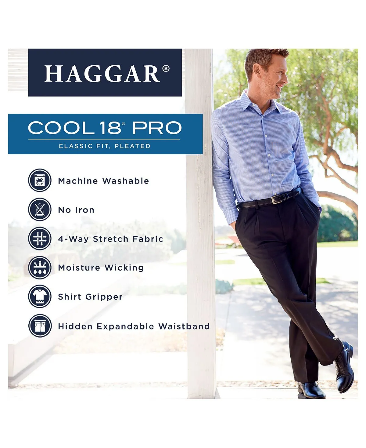 Men's Cool 18 Pro Stretch Dress Pants Regular Fit Flared Waist Pleated Haggar , multi