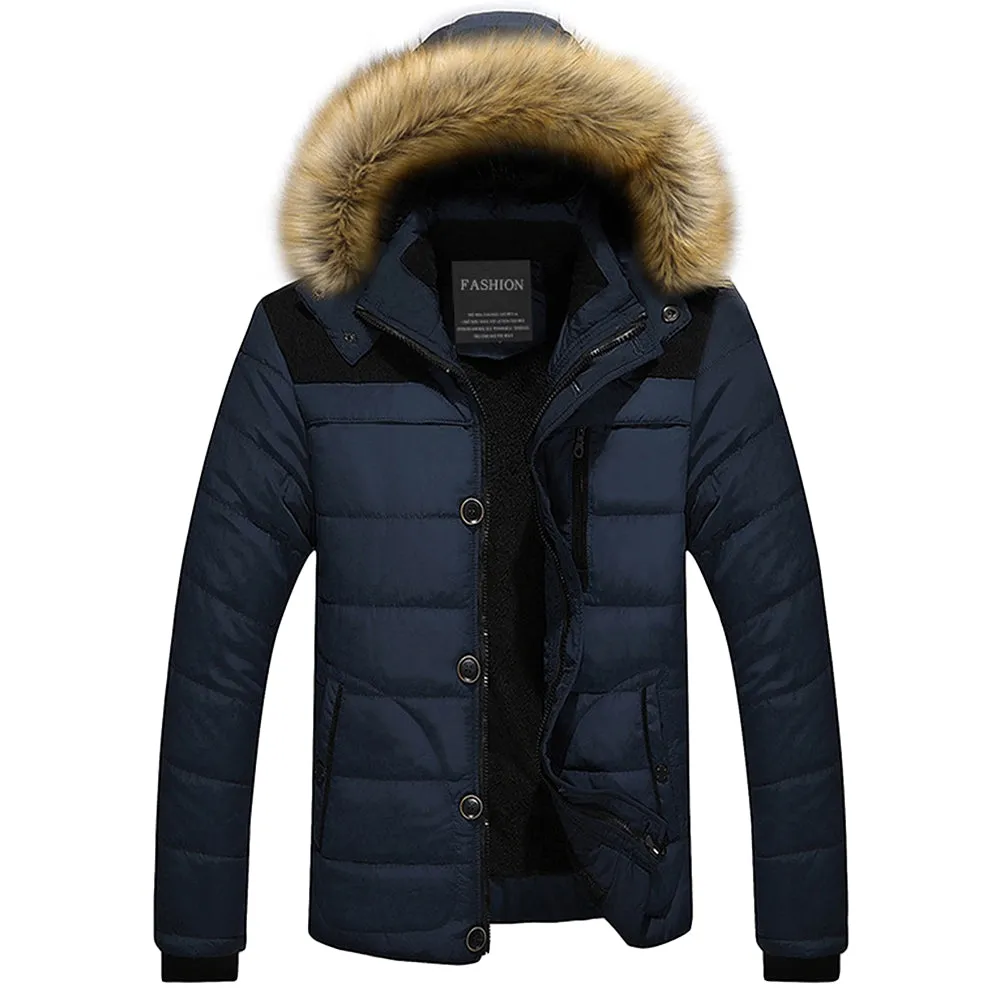 Men's Faux Fur Trim Hooded Puffer Long Sleeves Jacket