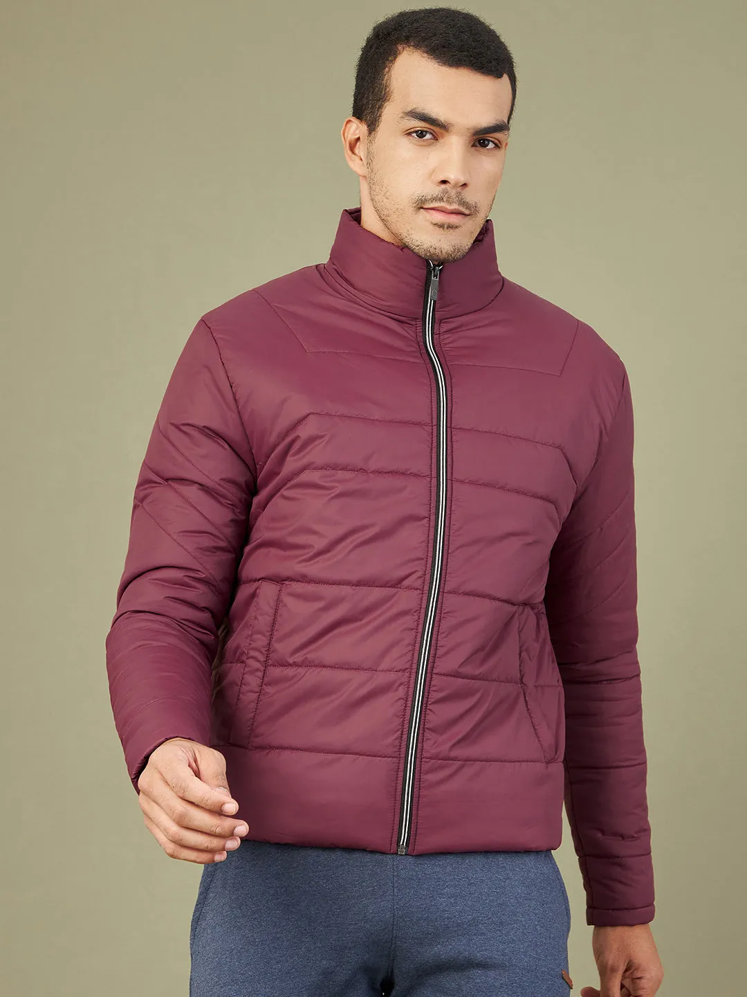 Men's Maroon Quilted Puffer Jacket - LYUSH-MASCLN