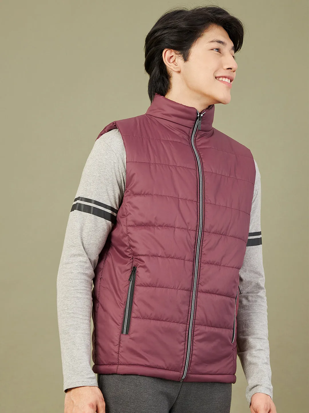 Men's Maroon Sleeveless Quilted Puffer Jacket - LYUSH-MASCLN