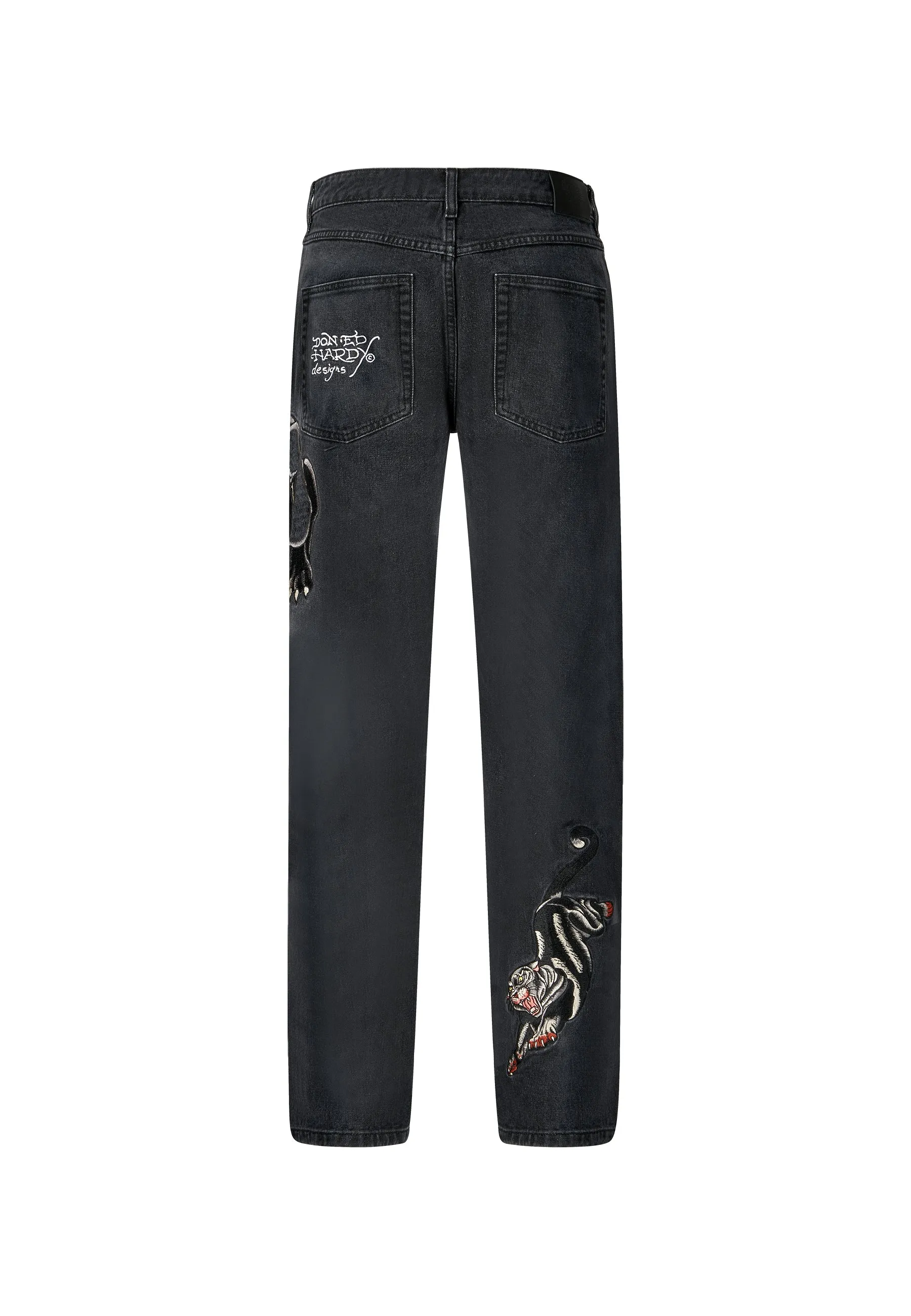 Mens Panther-Crouch-Leap Tattoo Graphic Relaxed Denim Trousers Jeans - Black