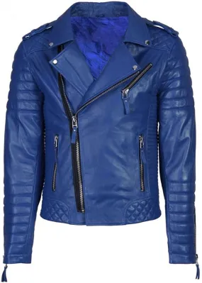 Men's Quilted Biker Blue Leather Jacket