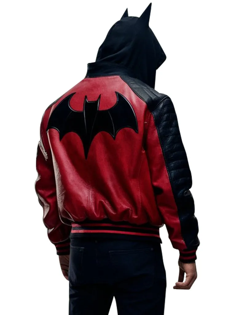 Men's Red And Black Bat-Inspired Leather Hoodie Jacket