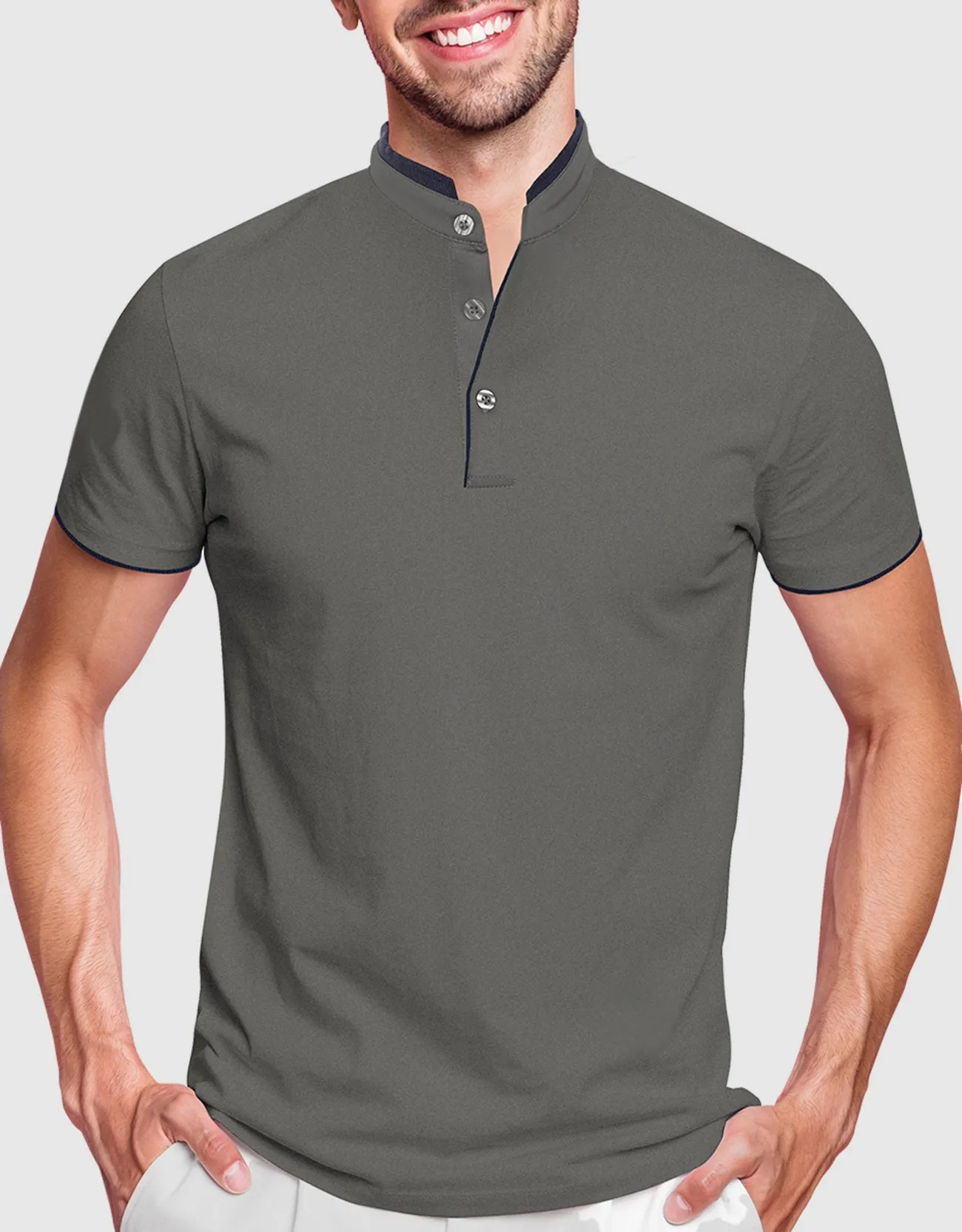 Men's Short Sleeve Henley Polo Shirt with Contrast-Trim