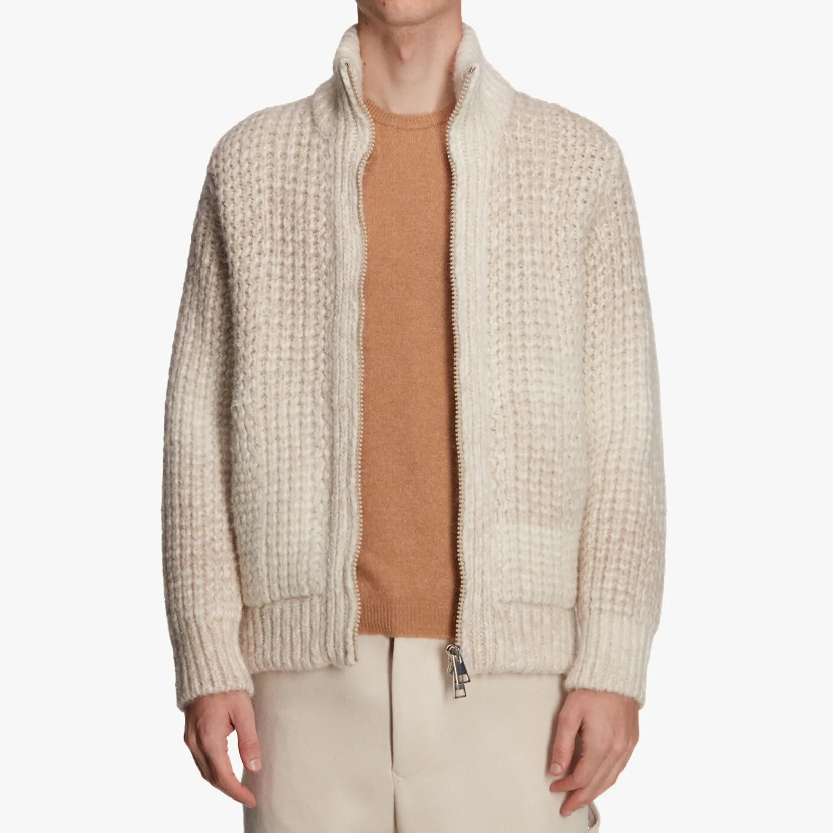 Natural Baby Alpaca Knit Zip Bomber Jacket