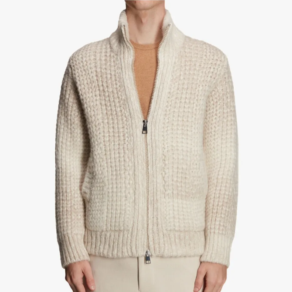 Natural Baby Alpaca Knit Zip Bomber Jacket