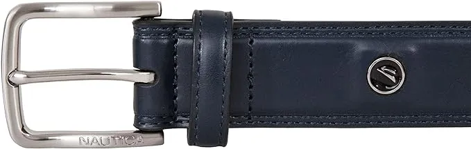 Nautica Men's Bold Fashion and Dress Double Stitch Leather Belt with Metal Buckle