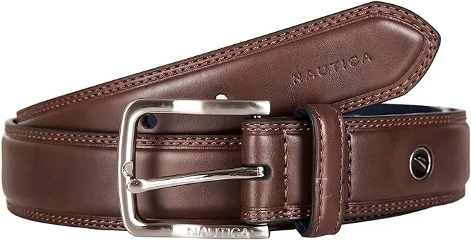 Nautica Men's Bold Fashion and Dress Double Stitch Leather Belt with Metal Buckle