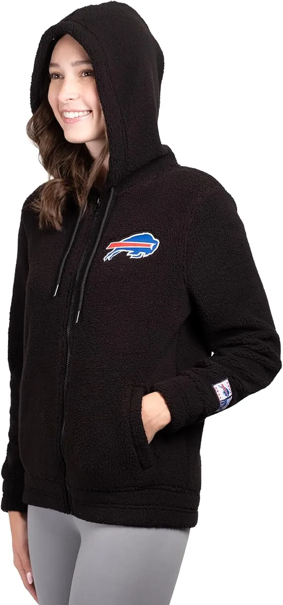 NFL Official Women's Full Zip Super Soft Sherpa Hoodie Sweatshirt Jacket - Warm Fleece Blend|Buffalo Bills