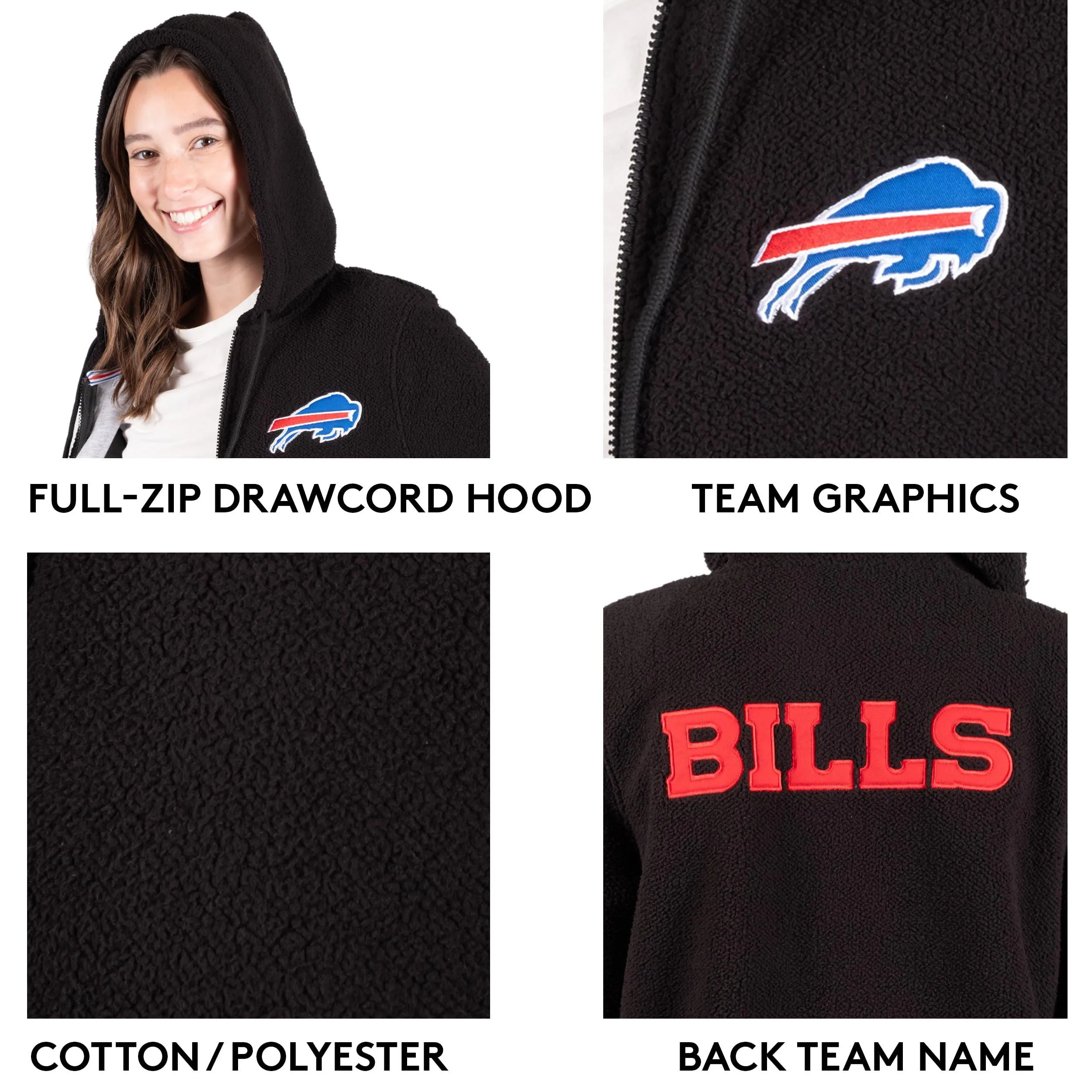 NFL Official Women's Full Zip Super Soft Sherpa Hoodie Sweatshirt Jacket - Warm Fleece Blend|Buffalo Bills