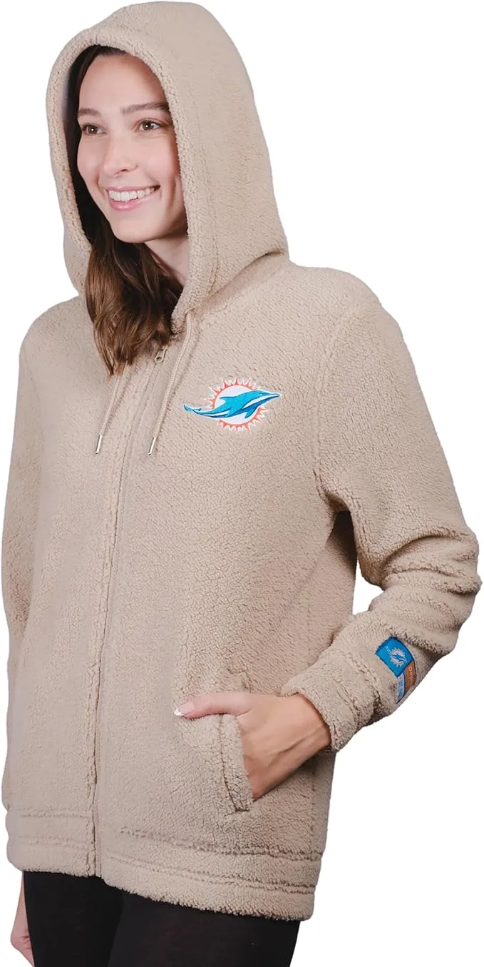 NFL Official Women's Super Soft Sherpa Full Zip Hoodie Sweatshirt Jacket|Miami Dolphins