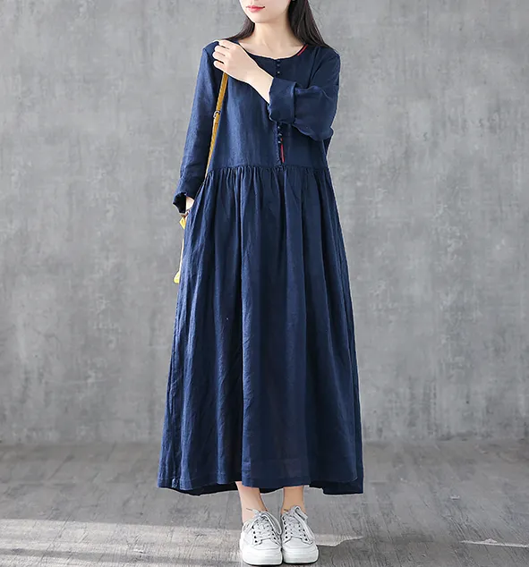 O Neck Long Sleeve Summer Spring Linen Women loose Dresses DZA05251