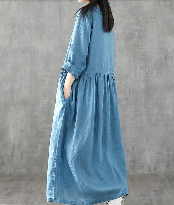 O Neck Long Sleeve Summer Spring Linen Women loose Dresses DZA05251