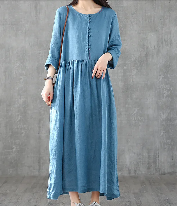 O Neck Long Sleeve Summer Spring Linen Women loose Dresses DZA05251