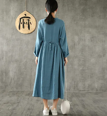 O Neck Long Sleeve Summer Spring Linen Women loose Dresses DZA20643