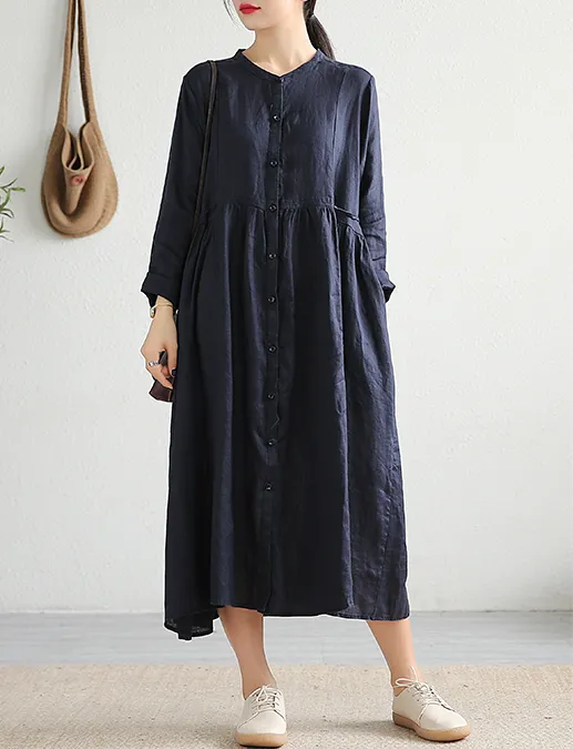 O Neck Long Sleeve Summer Spring Linen Women loose Dresses DZA20643