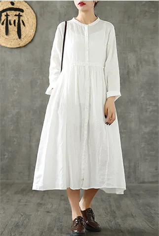 O Neck Long Sleeve Summer Spring Linen Women loose Dresses DZA20643