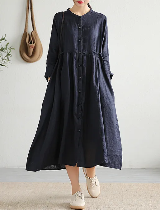 O Neck Long Sleeve Summer Spring Linen Women loose Dresses DZA20643