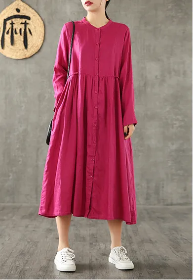 O Neck Long Sleeve Summer Spring Linen Women loose Dresses DZA20643