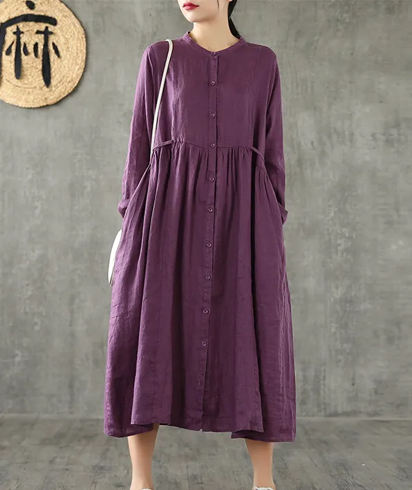 O Neck Long Sleeve Summer Spring Linen Women loose Dresses DZA20643