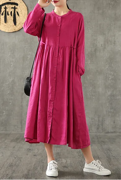 O Neck Long Sleeve Summer Spring Linen Women loose Dresses DZA20643