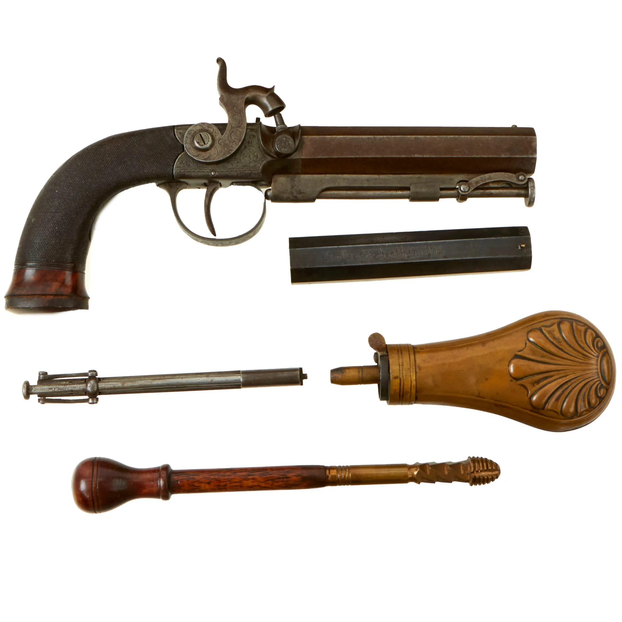 Original Cased British Percussion Overcoat Pistol by William Powell of Birmingham with Spare Rifled Barrel & Accessories - Circa 1840