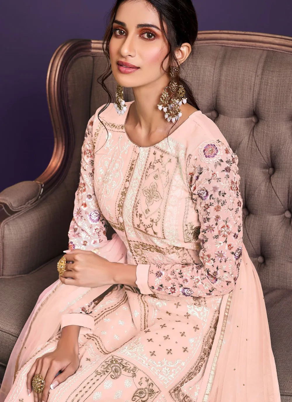 Pale Peach Pakistani Style Georgette Embroidered Salwar Suit