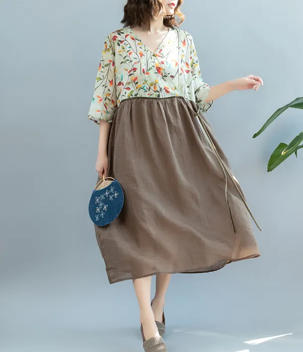 Patchwork Summer Cotton Linen Spring Women Dresses QZ200523