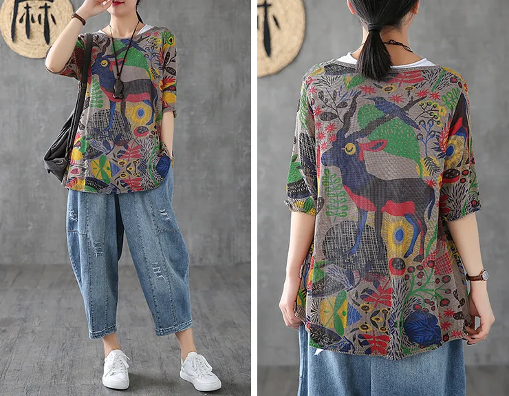 Patterned Summer Women Casual Blouse Cotton Linen Shirts Tops DZA2007132