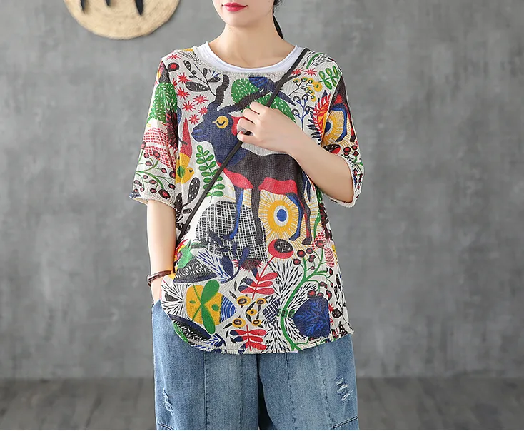 Patterned Summer Women Casual Blouse Cotton Linen Shirts Tops DZA2007132