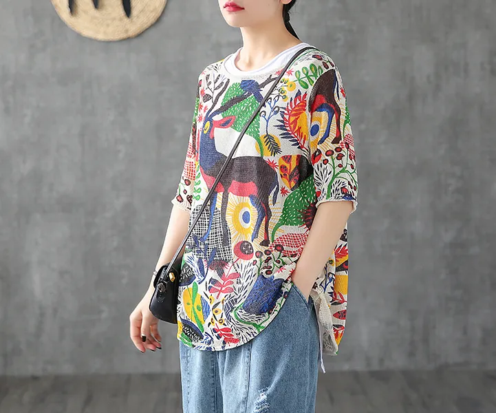 Patterned Summer Women Casual Blouse Cotton Linen Shirts Tops DZA2007132