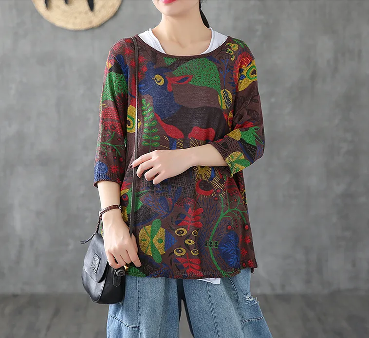 Patterned Summer Women Casual Blouse Cotton Linen Shirts Tops DZA2007132