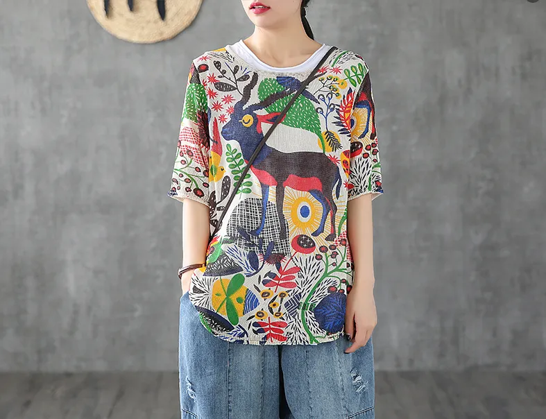 Patterned Summer Women Casual Blouse Cotton Linen Shirts Tops DZA2007132