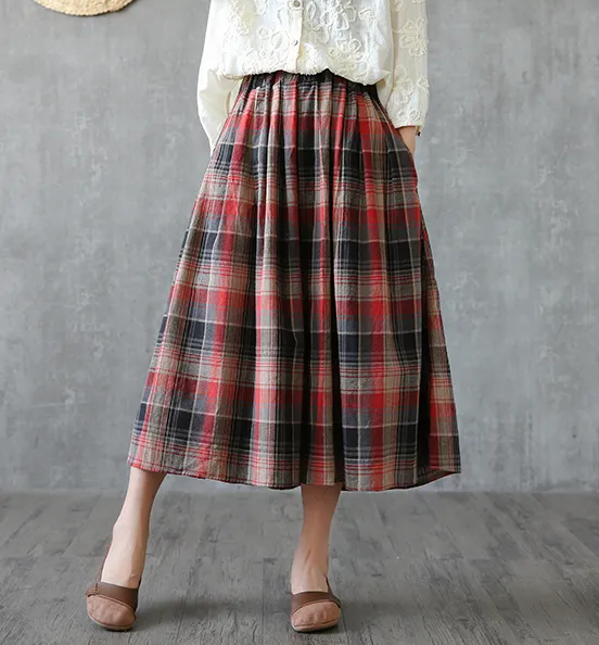 Plaid Casual Cotton linen loose fitting Women's Skirts  DZA2005264