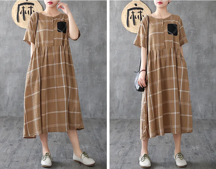 Plaid Long Sleeve Summer Spring Cotton Linen Women Dresses DZA206102