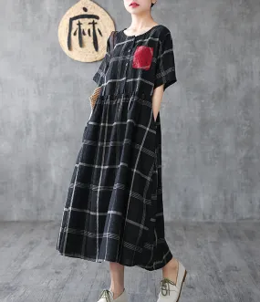 Plaid Long Sleeve Summer Spring Cotton Linen Women Dresses DZA206102