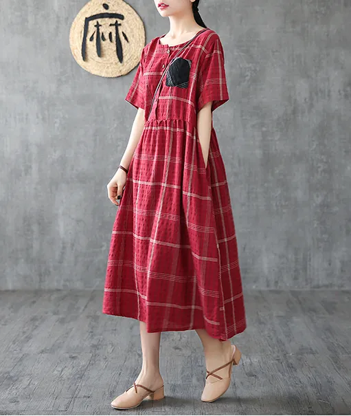 Plaid Long Sleeve Summer Spring Cotton Linen Women Dresses DZA206102