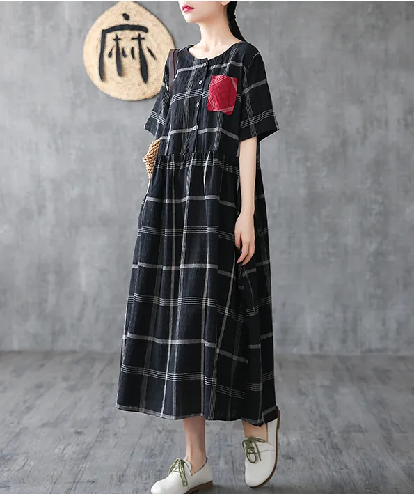 Plaid Long Sleeve Summer Spring Cotton Linen Women Dresses DZA206102