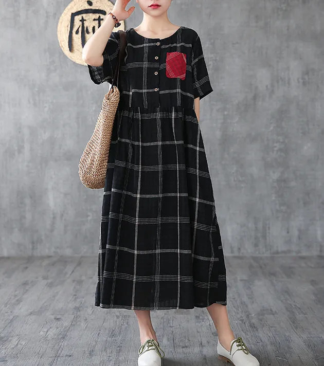 Plaid Long Sleeve Summer Spring Cotton Linen Women Dresses DZA206102