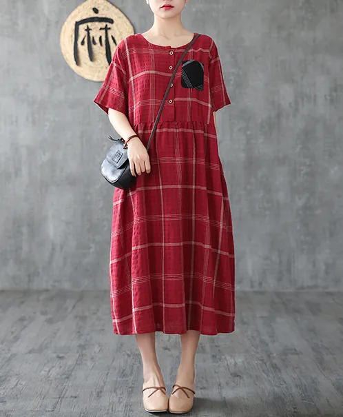 Plaid Long Sleeve Summer Spring Cotton Linen Women Dresses DZA206102