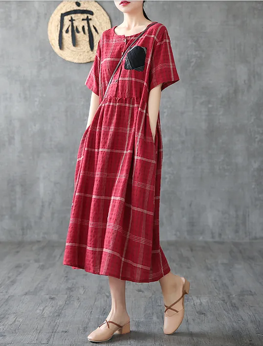 Plaid Long Sleeve Summer Spring Cotton Linen Women Dresses DZA206102