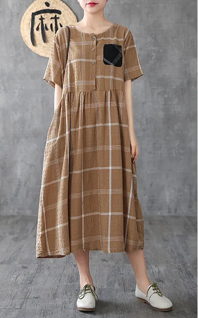 Plaid Long Sleeve Summer Spring Cotton Linen Women Dresses DZA206102