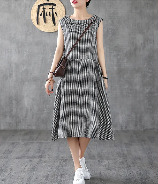 Plaid Long Sleeve Summer Spring Cotton Linen Women Dresses DZA20693